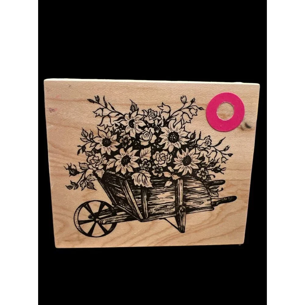 Vintage Wooden Wheelbarrow of Wildflowers Rubber Mounted Stamp, Dated 1995